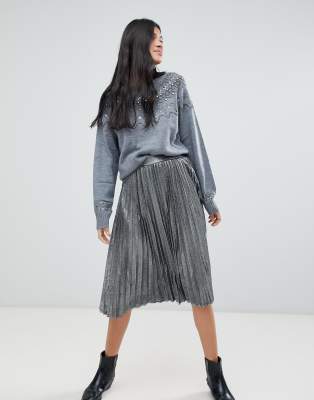 silver metallic pleated skirt