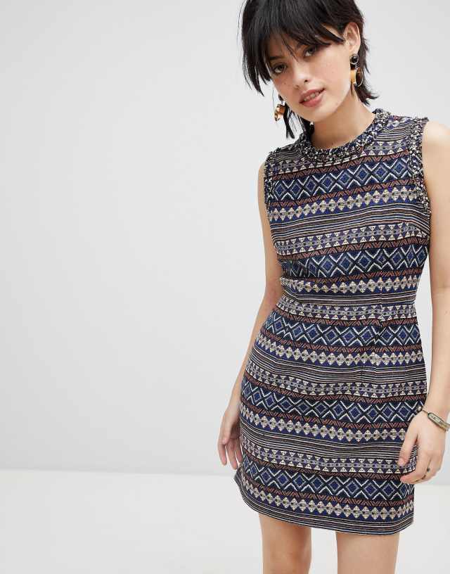 Deby Debo Iliana Print Dress with Embellished Neck Trim