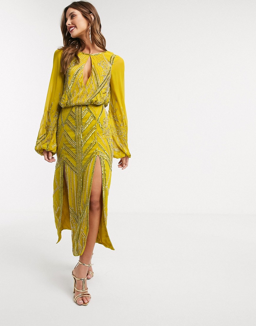 фото Декорированное платье миди с пышными рукавами на манжетах asos design-желтый