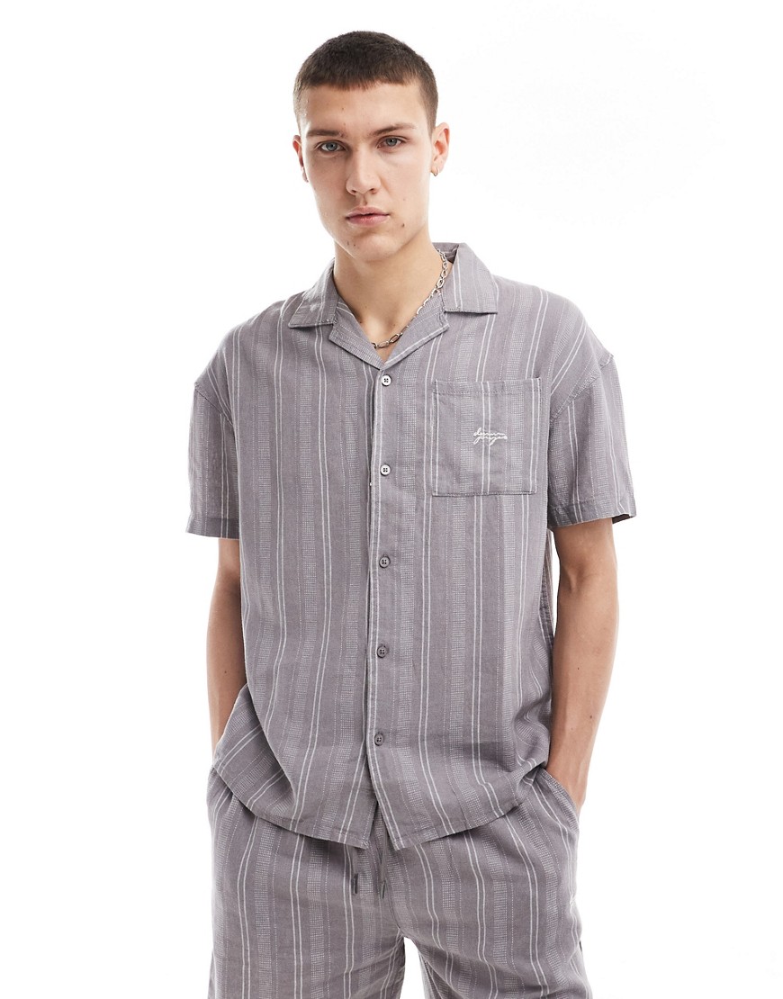 Denim Project co-ord short sleeve revere collared linen blend shirt in light purple stripes