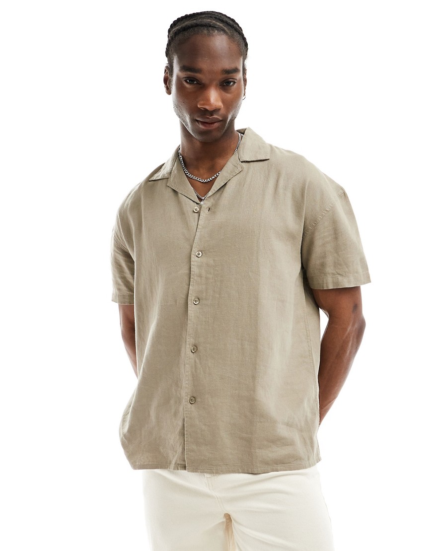 Denim Project co-ord short sleeve revere collared shirt in beige linen blend-Neutral