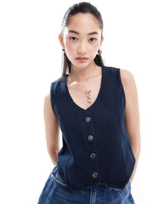 Denim Project denim waistcoat top in midwash blue