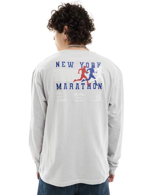 Denim Project long sleeve t-shirt in light grey with marathon back print