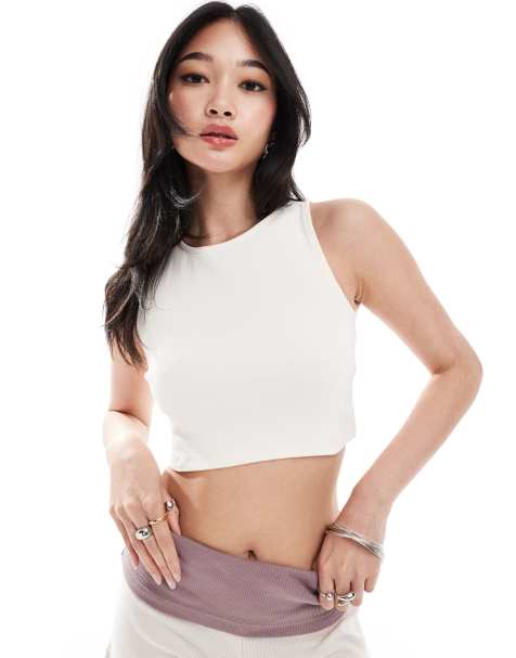 Denim Project racerback ribbed sleeveless crop top in off white - view 1