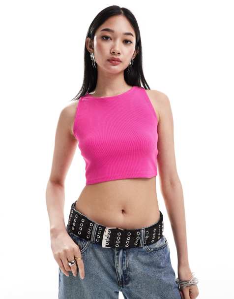 Denim Project racerback ribbed sleeveless crop top in pink - view 1