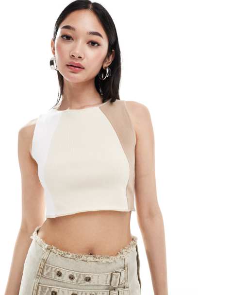 Denim Project seam detail crop tank top in beige and white - view 1