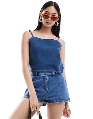 Denim Project strappy denim top in midwash blue