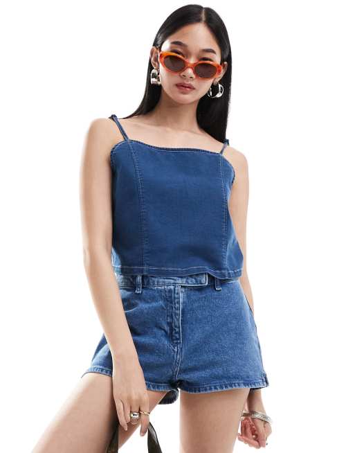 Denim Project strappy denim top in midwash blue