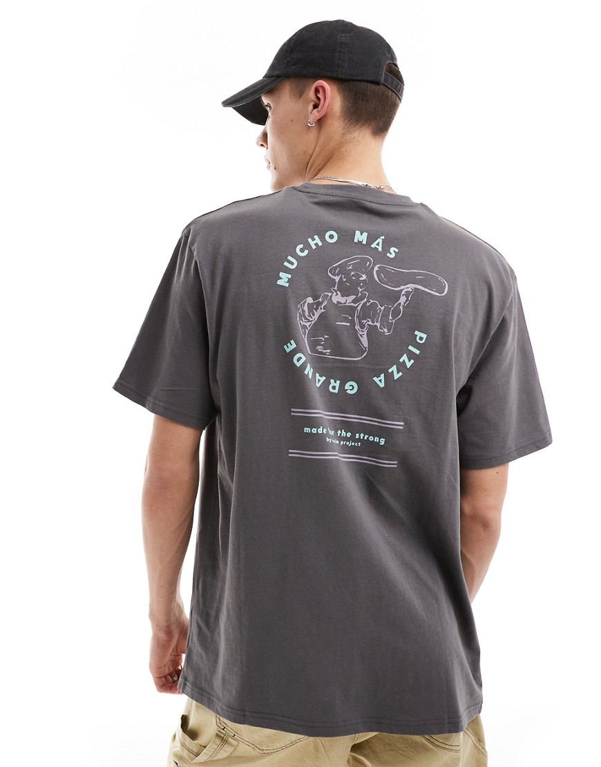 Denim Project t-shirt in dark grey with pizzeria chest and back print