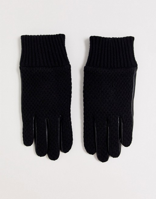 Dents Ashford Wool textured gloves with leather palm and knitted cuff in black