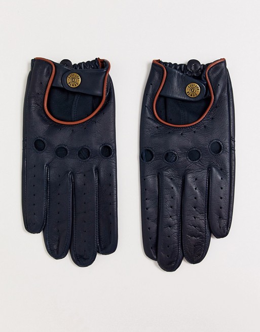 Dents Delta leather driving gloves with contrast piping in dark navy