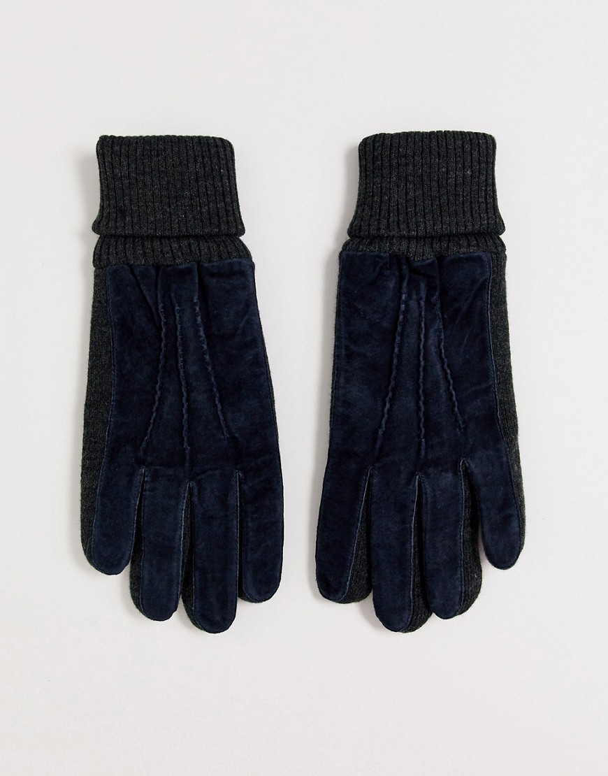 Dents - Kendal - Marineblauwe suède handschoenen met contrasterende gebreide manchetten
