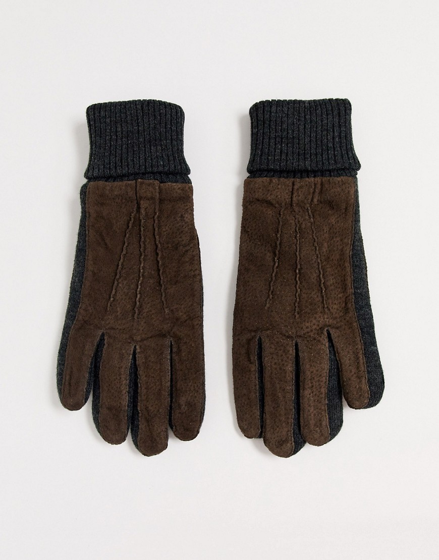 Dents Kendal - Suede handschoenen in bruin met contrasterende gebreide rand