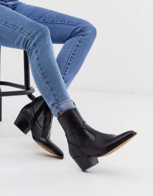 Depp black leather western boots with stacked heel | ASOS