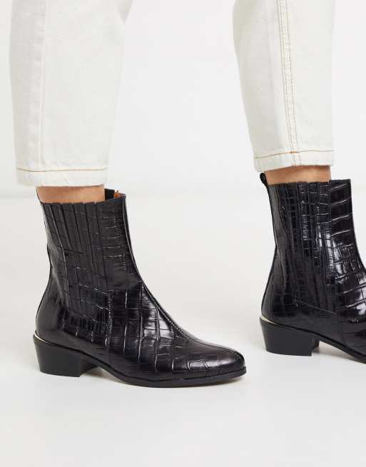 Black croc discount ankle boots flat