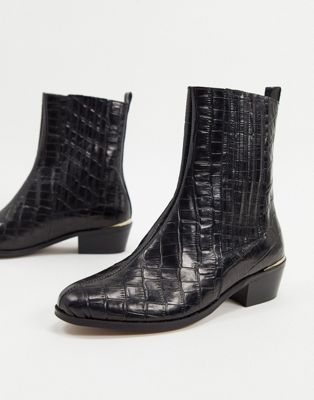 Depp flat ankle boots in black croc 