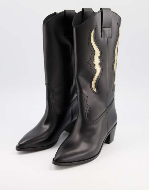 asos design coral leather western boots in black