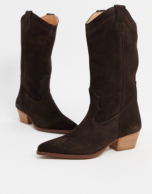 Depp leather tall western boots in chocolate brown suede