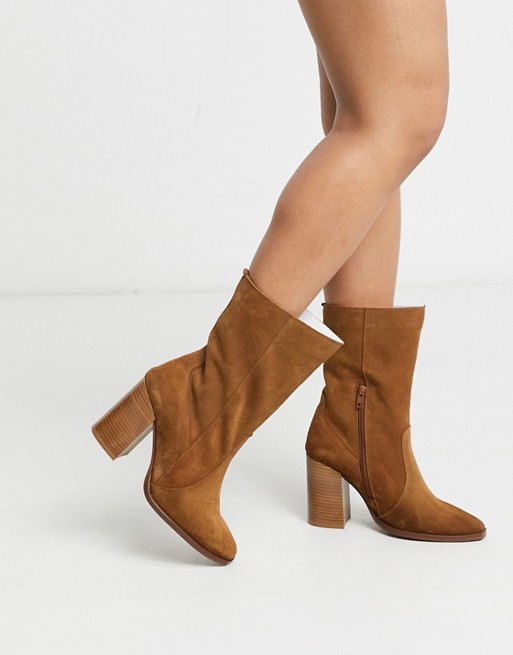Depp stacked heeled boots in tan suede