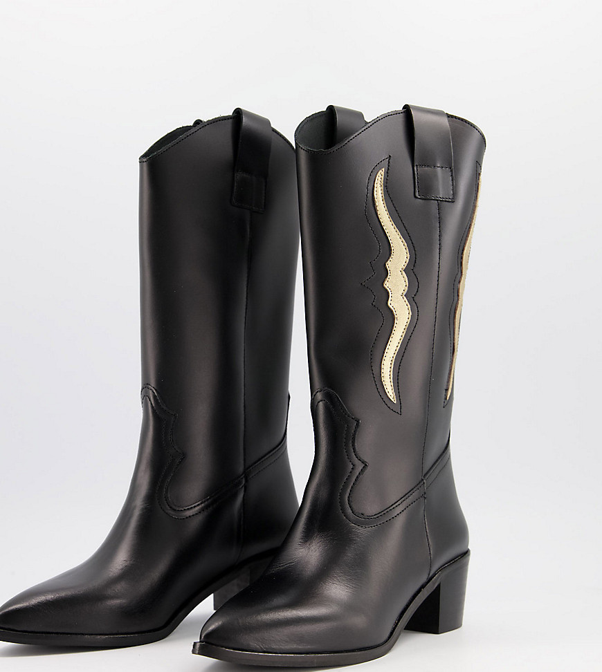 Depp wide fit knee high western boots in black leather