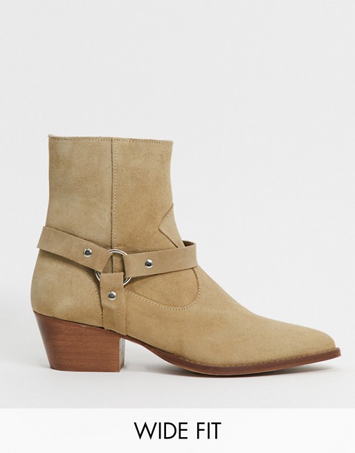 Depp wide fit leather boots with harness detail in beige ...