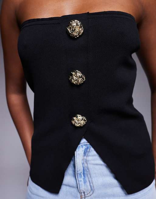 DESIGN knit button front bandeau top with gold buttons in black, 2 of 4