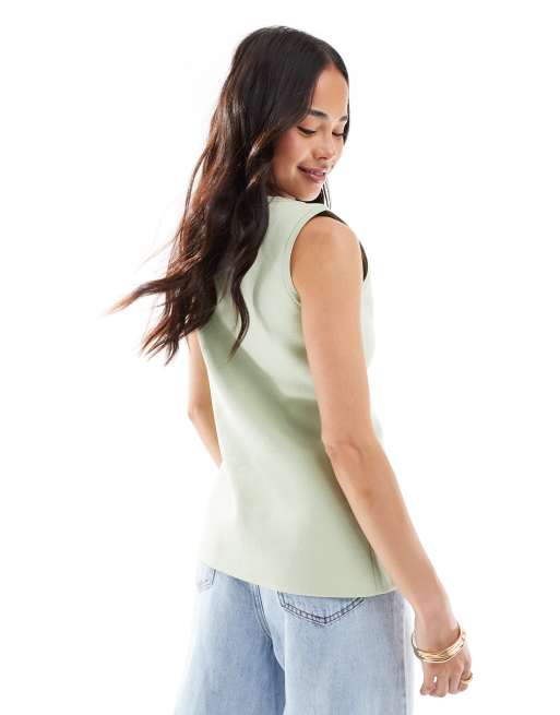 DESIGN knit button front vest with gold buttons in sage green