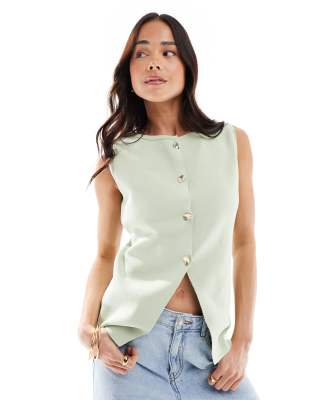 ASOS DESIGN DESIGN knitted button front waistcoat with gold buttons in sage green