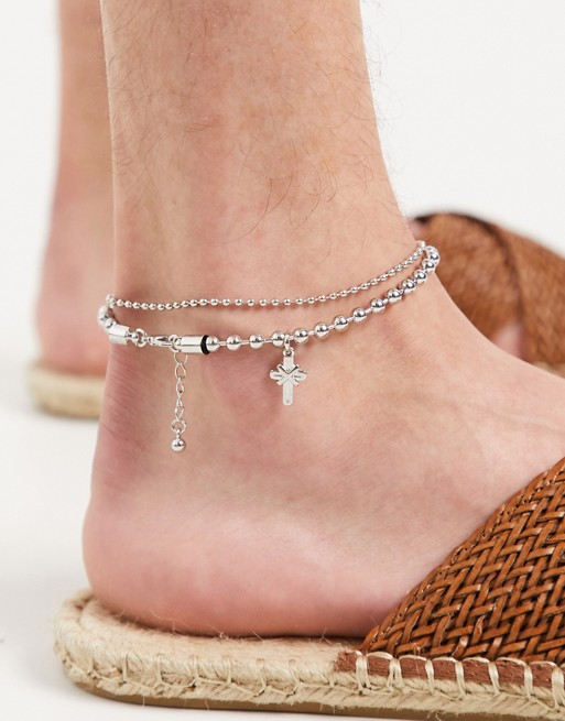 DesignB ball chain anklet pack in silver with cross charm