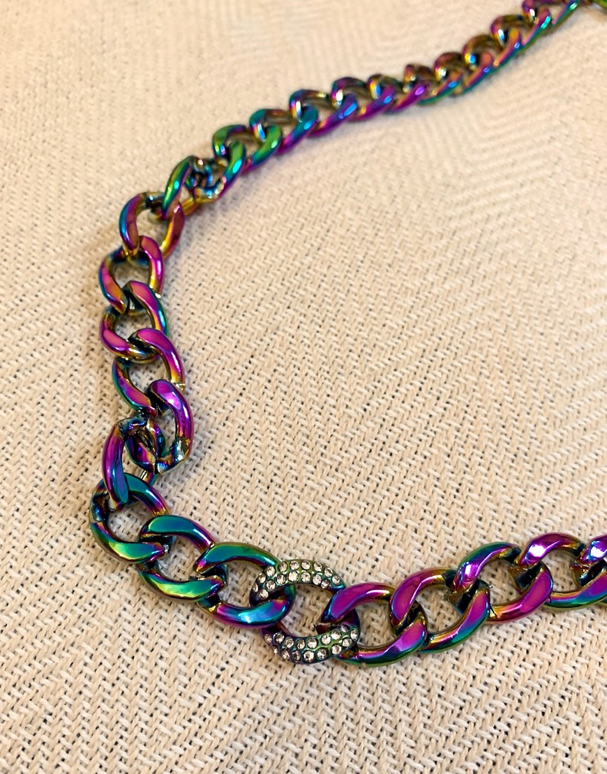 DesignB - Chunky halsketting met iriserende schakels met kristallen-Multikleur