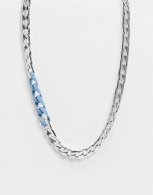 DesignB chunky neckchain in silver with blue rubber links | ASOS