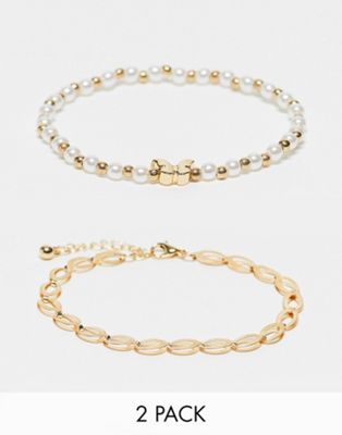 DesignB Curve pack of 2 chain and pearl bracelets in gold - ASOS Price Checker