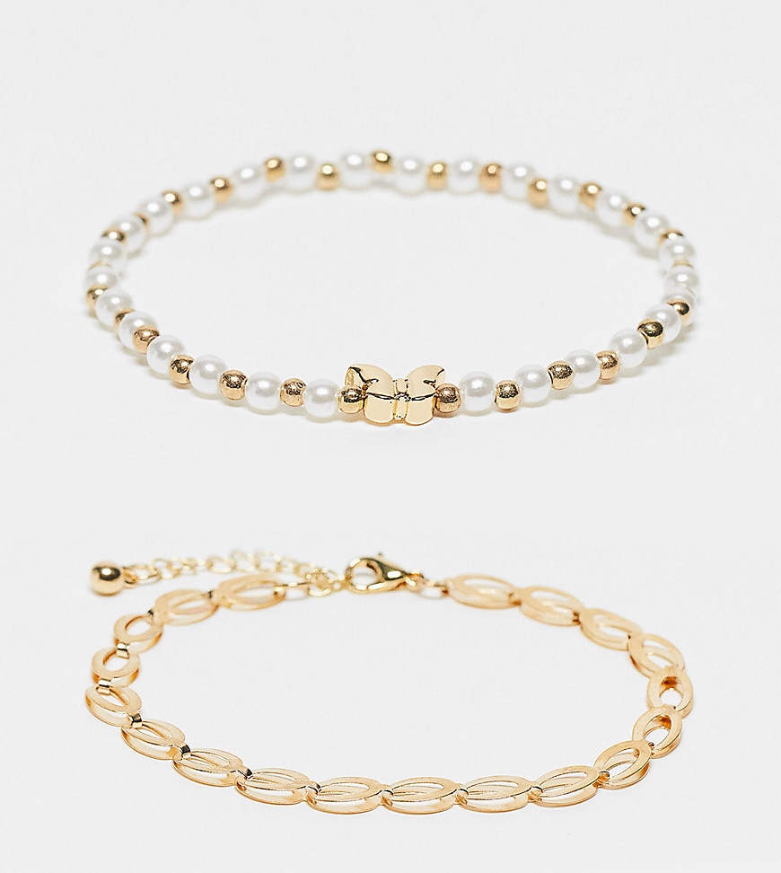 Designb Curve Pack Of 2 Chain And Pearl Bracelets In Gold
