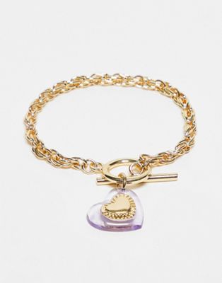 DesignB Curve t-bar bracelet with heart pendant in gold  - ASOS Price Checker