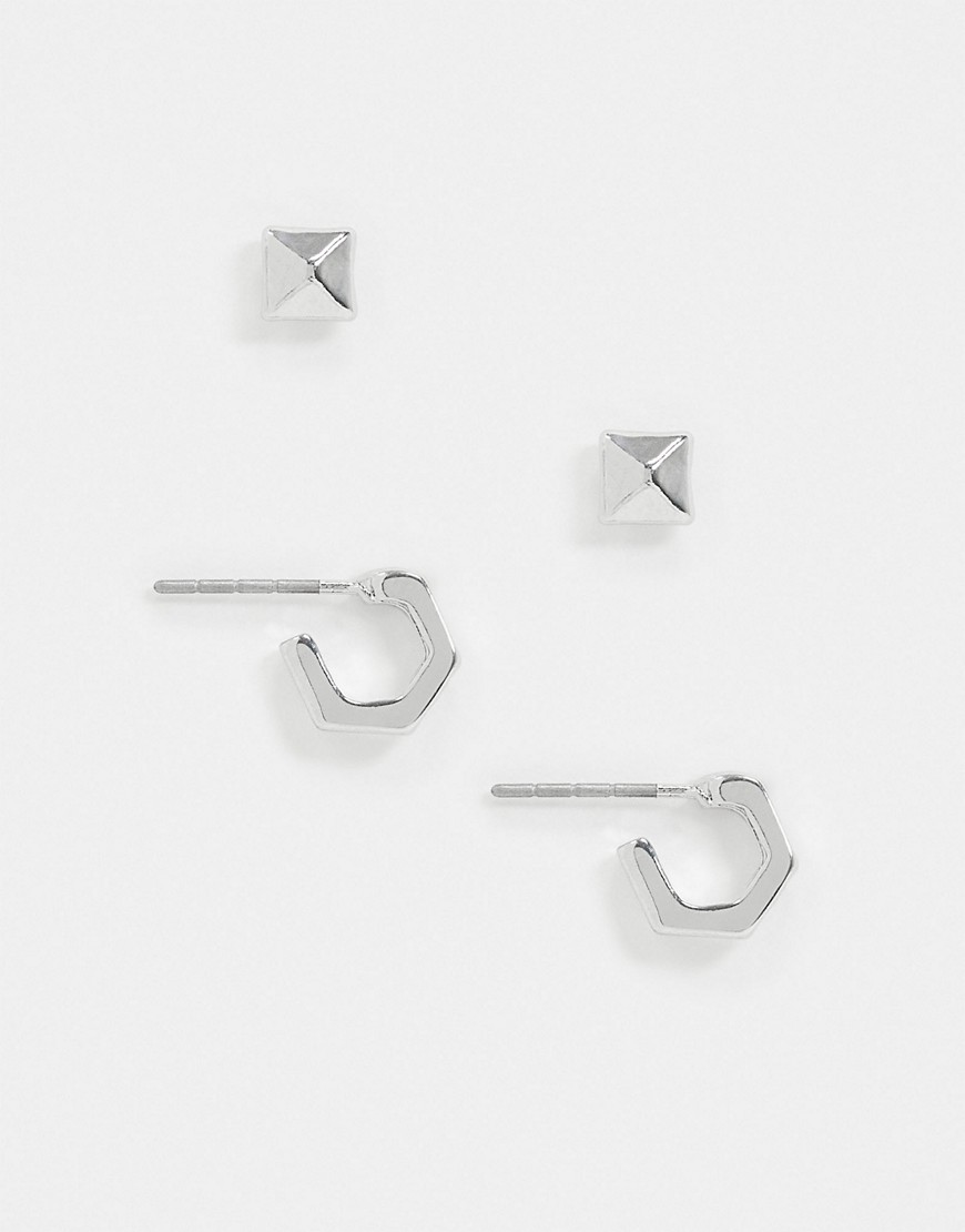 DesignB earring pack with stud and hexagonal hoops in silver