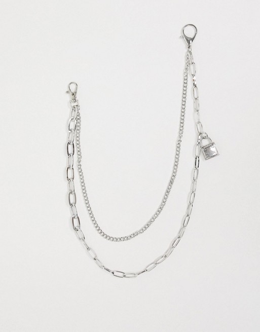DesignB Exclusive double layered jean chain in silver with oval links and padlock charm
