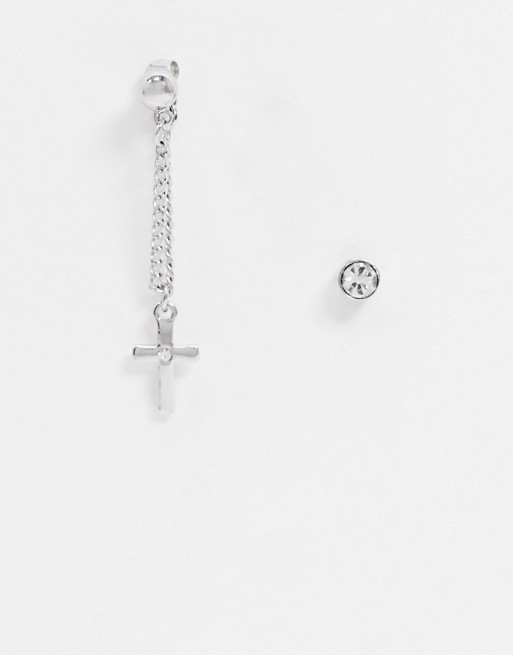 DesignB Exclusive earring pack with cross and chain detail in silver