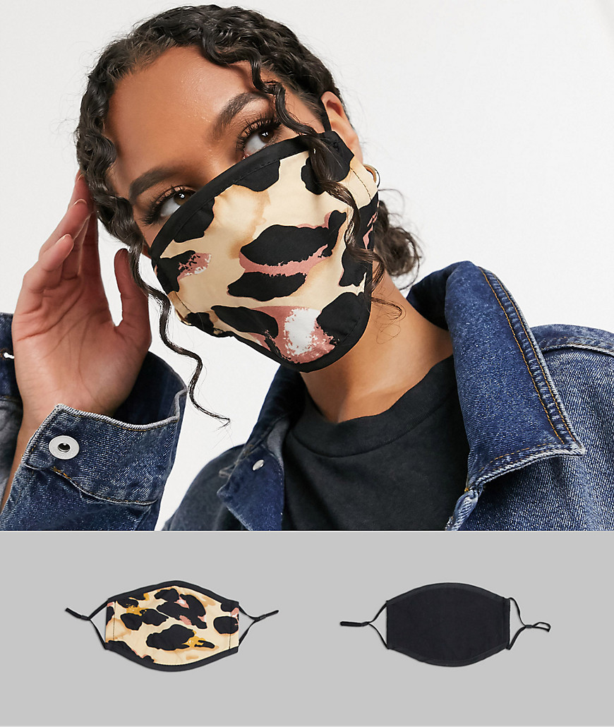 Designb London 2 Pack Face Covering With Adjustable Straps In Black And Abstract Leopard Print-multi