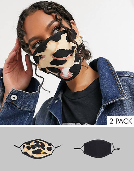 DesignB London 2 pack face covering with adjustable straps in black and abstract leopard print