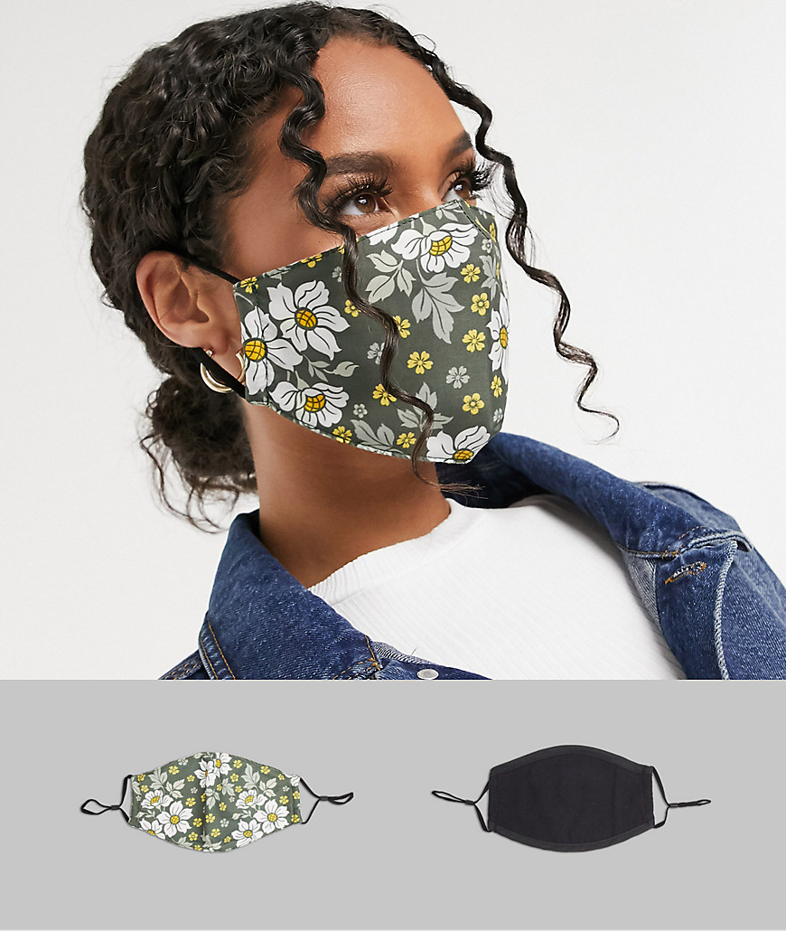 Designb London 2 Pack Face Covering With Adjustable Straps In Black And Floral Print-multi