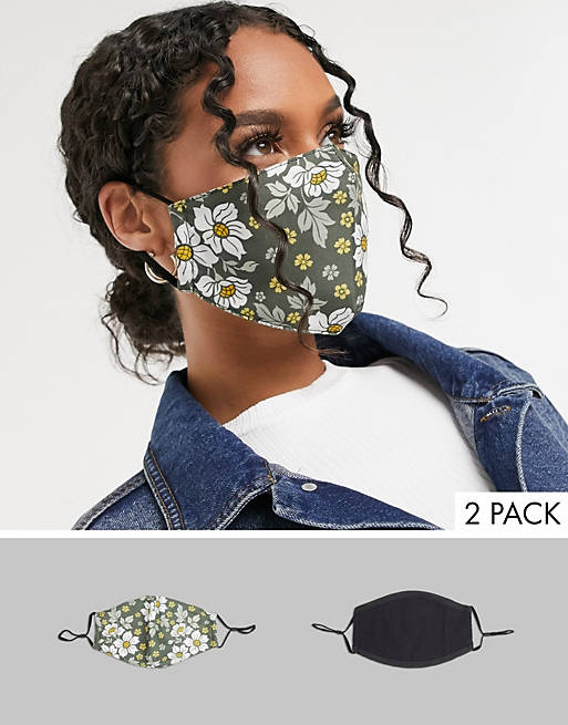 DesignB London 2 pack face covering with adjustable straps in black and floral print