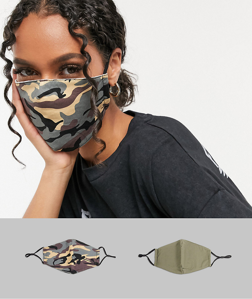 Designb London 2 Pack Face Covering With Adjustable Straps In Camo And Khaki-multi