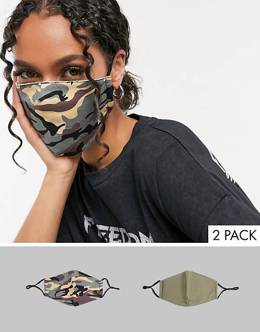 DesignB London 2 pack face covering with adjustable straps in camo and khaki