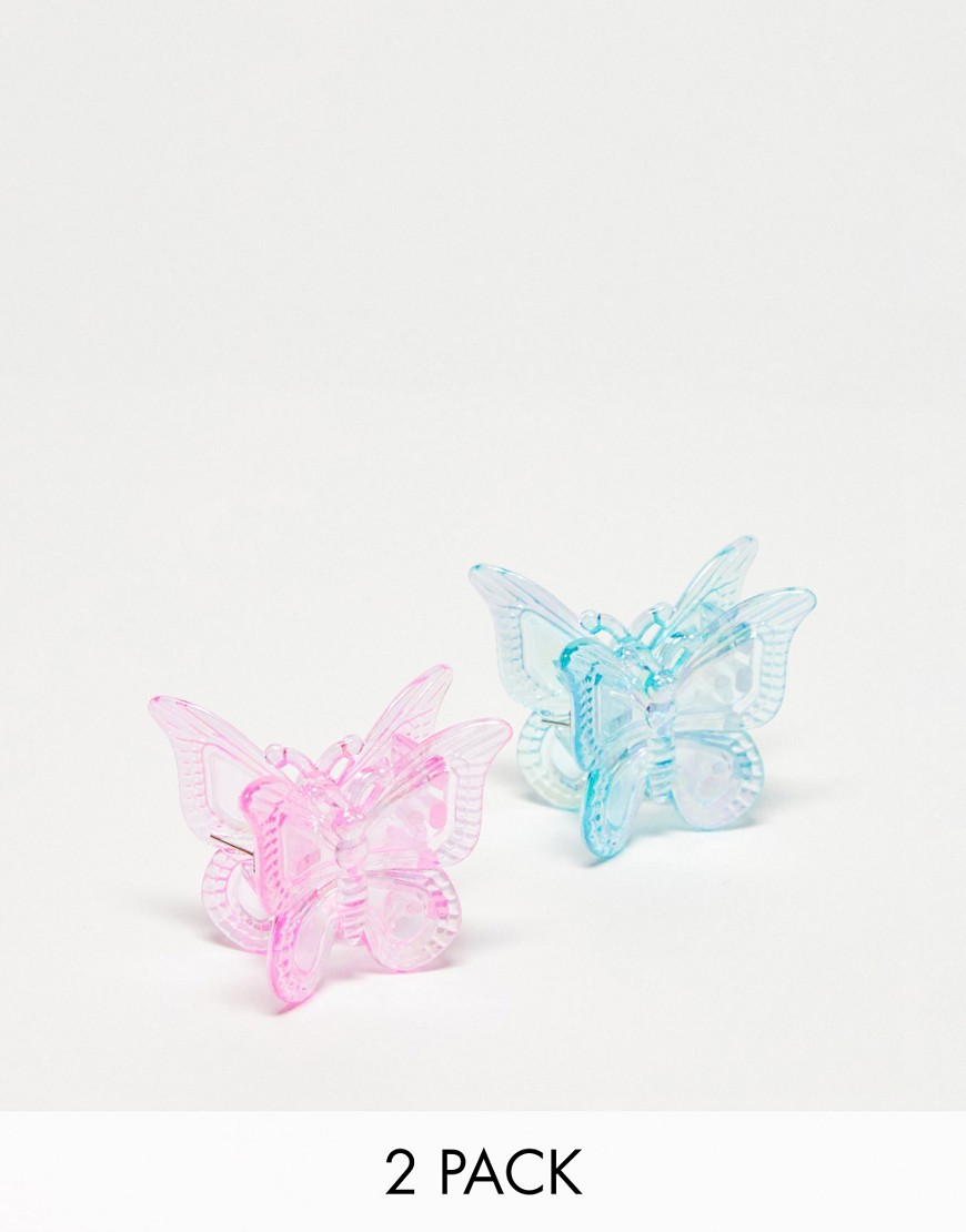 2-pack iridescent butterfly shape hair clips in pink and blue-Multi