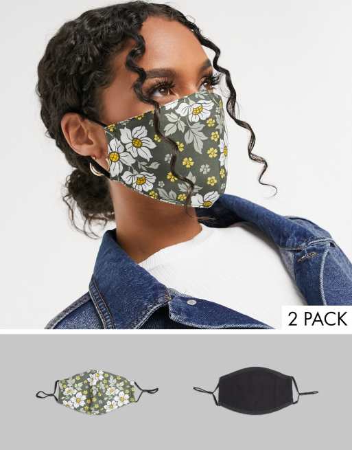 DesignB London - 2 Set van mondkapjes met verstelbare bandjes in zwart en met bloemenprint