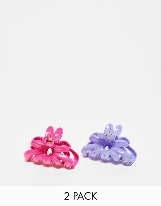 DesignB London – 2er-Pack Haarklammern in glänzendem Lila und Rosa mit Blumendetail