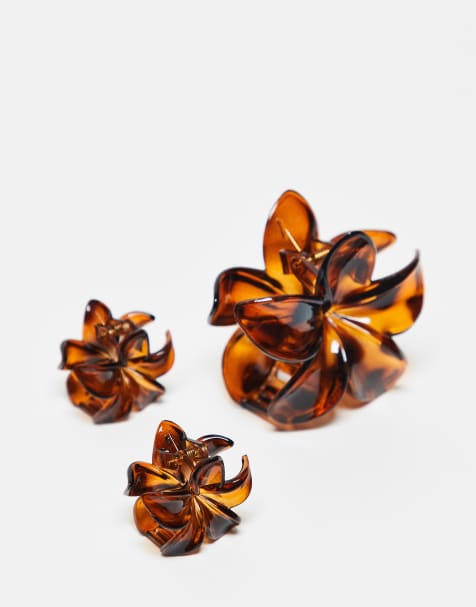 DesignB London 3-pack flower hair claw clips in brown tortoiseshell - view 1