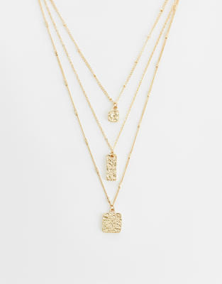 Designb London 3 Pack Hammered Charm Necklaces In Gold
