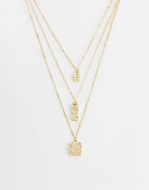DesignB London 3 pack hammered charm necklaces in gold - view 1