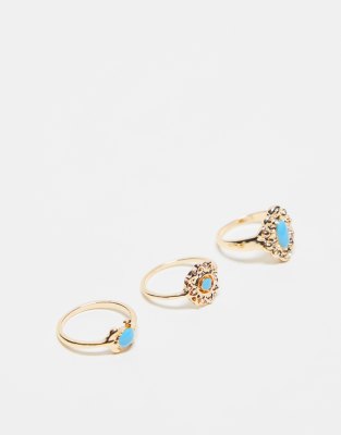 3 pack of rings with turquoise stone in gold